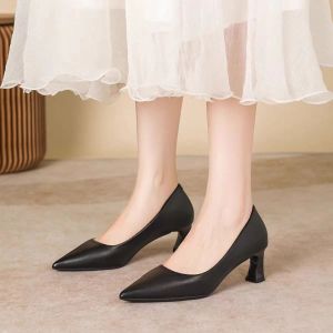 Free Shipping Versatile High Heels For Women Suitable For Spring And Autumn Elegant And Professional Black Work Shoes Thin Heels Soft Leather Shallow Toe Pointed Toe Professional Flats For Women