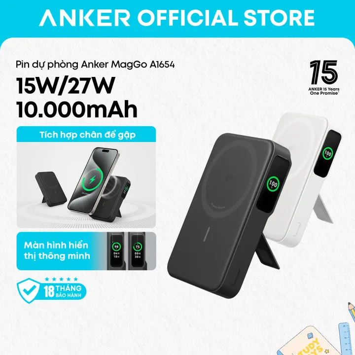 Sạc dự phòng Anker MagGo Power Bank Qi2 Certified 15W Ultra-Fast MagSafe-Compatible Portable Charger, 10,000mAh Battery Pack with Smart Display and Foldable Stand, For iPhone 17/16/15/14, Màn hình LED thông minh tuỳ biến