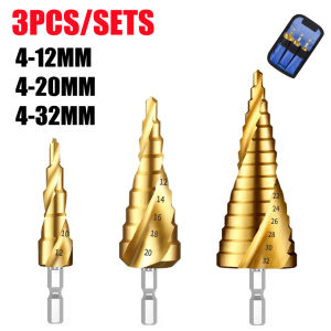 【COD + local seller】3Pcs/set 4-12mm 4-20mm 4-32mm HSS Spiral Groove Step Drill Bit Titanium Coated Wood Metal Hole Cutter Core Drilling Tools Set