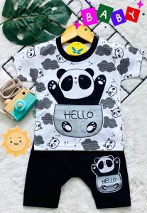Setelan Baju bayi bayi laki laki motif Hello panda celana hitam usia anak 3-24 bln  .