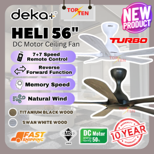 DEKA+ Heli 56" DC Motor Ceiling Fan 5 Blades 14-Speed Remote Control with Turbo Function - Titanium Black/Swan White Wood