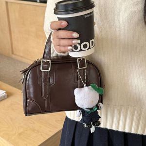 YIXINA กระเป๋าสะพายไหล่แบบสั้น กระเป๋าโบว์ลิ่ง PU หนังพียู สีทึบทึบ กระเป๋าบอสตัน แบบพกพาได้ จุได้มาก กระเป๋าถือย้อนยุค การเดินทางการเดินทาง