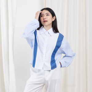 QUEENTIN Kemeja Wanita Kombinasi 0748 Katun Twill Denim Chambray Polymicro Salur Lengan Panjang