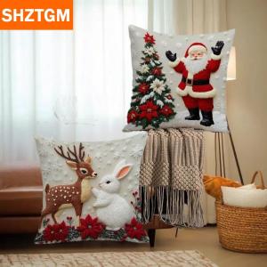 [COD] SHZTGM ปลอกหมอนคริสต์มาสผ้าลินิน4ชิ้นลายการ์ตูนซานต้าสโนว์แมนเอลค์ปลอกหมอนอิงโซฟาตกแต่งบ้านเตียงรถสุขสันต์วันคริสต์มาสสุขสันต์วันปีใหม่