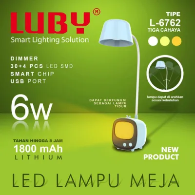 LUBY LED Lampu Meja Belajar + Lampu Tidur Cas / Charge L 6762 Desk Lamp 3 Warna Cahaya