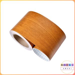 Amoki【Ready in Stock】 Wood Grain PVC Self Adhesive Wallpaper Waterproof Skirting Line Wood Baseboard Wall Border Stickers