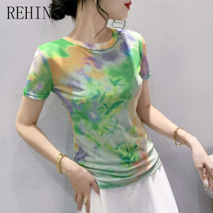 REHIN Summer Fashion Mesh Green Floral Printed Short Sleeve Round Neck Slim fit S-3XL Keroan Version Stylish Women Top