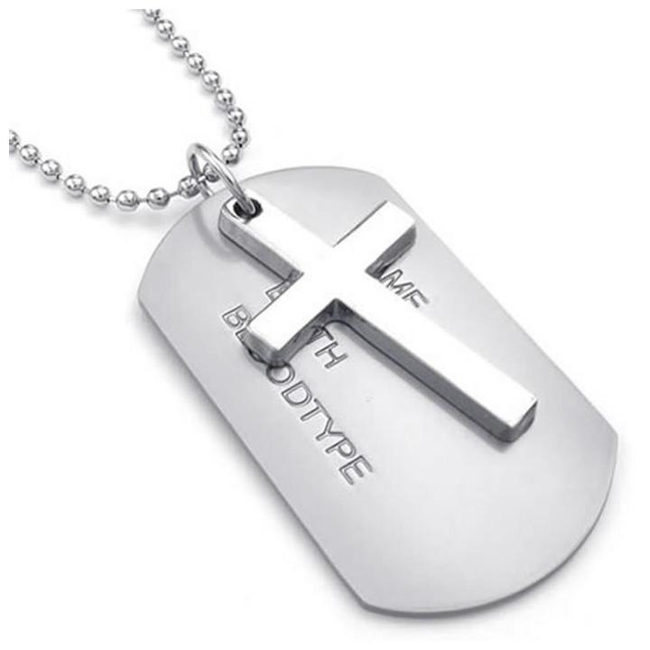 Jewelry Men's Necklace, Army Style Cross Tags Dog Tag Alloy Pendant with  68cm Chain, silver