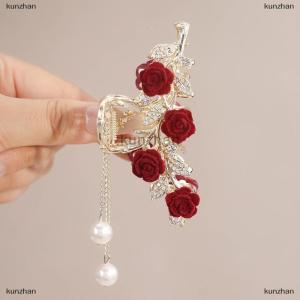[COD] kunzhan Fashion Elegant Rose Tassel Hair Claws For Women Girls Sweet Versatile Shark Clip Exquisite Party Hair Accessories Gifts