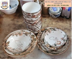 BỘ TÔ CHÉN ĐĨA GỐM SỨ HOA VĂN COTTON 4D (GỒM 3 TÔ LOE 4 ĐĨA ẢO 10 CHÉN CƠM) + TẶNG 10 ĐÔI ĐŨA GỖ LÊ VÂN