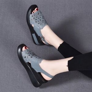 Womens Fashion Embroidered Hollow 6cm Wedge Sandals Real Soft Leather Thick Sole Shoes