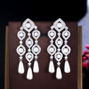 SEQUITO Noble Women Pearl Jewelry Full Micro Pave Sparkling AAA Cubic Zirconia White Gold Plated Chandelier Shape Bridal Wedding Tassel Long Drop Earrings SE678