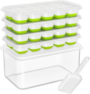 DOQAUS Ice Cube Tray with Lid and Bin4 Pack Ice Cube Trays for Freezer Silicone Stackable. Easy Release Trays with Storage Bin & Scoop. Ideal for Freezer Kitchen RV Cocktail Coffee.