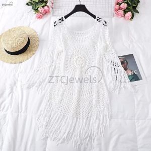 Womens Summer Crochet Bikini Cover Up with Fringe Trim Women Hollow Tunic Beach Dress Bathing Suit Beachwear Cosplay