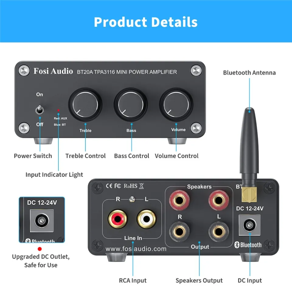 Fosi Audio BT20A Bluetooth TPA3116D2 Sound Power Amplifier 100W