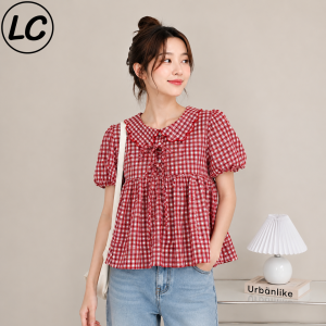 Áo Babydoll Tiểu Thư Họa Tiết Caro Áo Babydoll Cổ Bèo Phối Dây Nơ Tay Phồng Lucky Clothing 6005