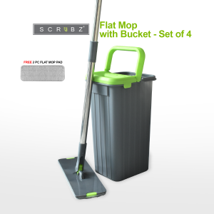 SCRUBZ Microfiber Flat Mop with Bucket Stainless Steel Heavy Duty Cleaning Essentials Set of 4