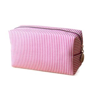 EASYEAH Soft Seersucker Fabric Makeup Bag Striped Zipper Closure Cosmetic Pouch Cute Large Capacity Toiletry Pouch School Supplies