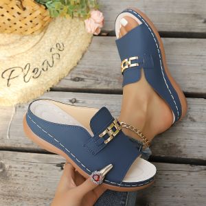 [Free Shipping] Plus-Size Summer New Collection: Wedge-Heeled Platform Sandals With Metal Embellishments Roman-Style Open-Toe Beach Sandals