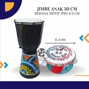 Paket Alat Musik Mainan Anak Jimbe 30cm Warna Hitam Rebana Kicrik Motif Ipin Hadroh Banjari DJimbe Edukatif