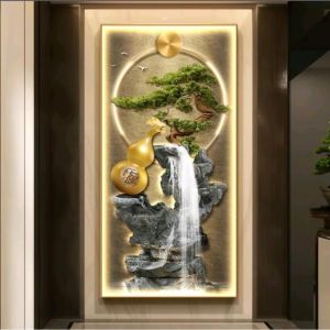 Tranh Đính Đá Pha Lê Đèn LED Phong cảnh thác nước 9D UV Decor Phòng Khách Cầu Thang Phòng Ngủ