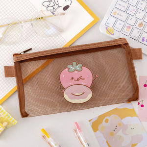 Gratis Semua - Tempat Pensil Zipper Coklat Motif / Tempat pensil jaring zipper transparant / Tempat Makeup Model Jaring Transparan