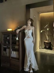 Vietnam Design Pure Desire Beach Vacation Style Floral Ruched Camisole High Waist Bodycon Mermaid Split Beach Dress