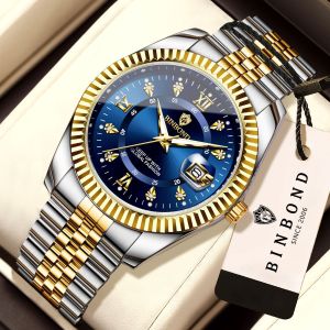BINBOND business watch for mens original branded waterpoof luxury diamond stainless steel calendar watch