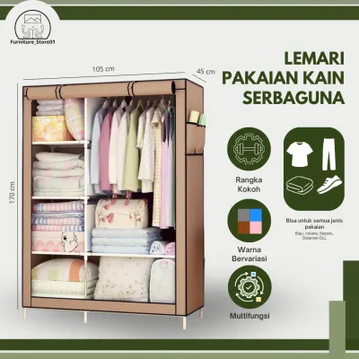 Rak Lemari Pakaian Rak Baju dengan tutup resleting lemari kain Plastik Portable 105NT