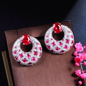 SEQUITO High Grade White Gold Color Hand Inlaid Rose Red AAA Cubic Zirconia Stud Earrings Designer Banquet Evening Jewelry for Women Clothing Accessories SE753