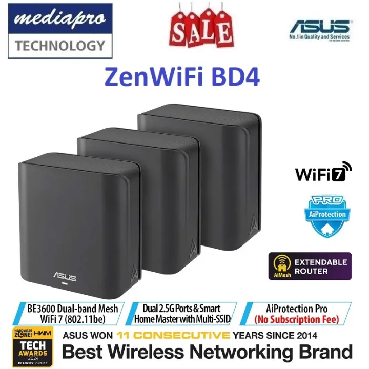 ASUS ZenWiFi BD4 3-Pack Dual-band WiFi 7 Mesh, 3600 Mbps, 6500 sq.ft , Dual 2.5G Ports, Security and Parental Controls Included, Smart Home Master SSIDs Pack of 3 - 3 Year Asus Singapore Warranty