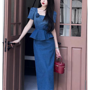 Fashion short-sleeved denim top skirt set womens new three-dimensional flower design denim short-sleeved top high waist hip-wrapped long skirt two-piece set