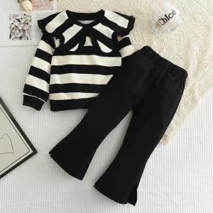 Girls Long Sleeve Set Autumn and Winter New Girls Large Lapel Pleated Stripe Top+Bell-bottoms Two Piece Girls Set2026