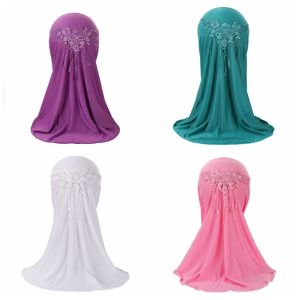 COOLSOOL Lace Children Hijab Rhinestone Elastic Girls Hijab Prayer Hat Head Wrap Islamic Scarf Shawls 2 To 7 Years Girls