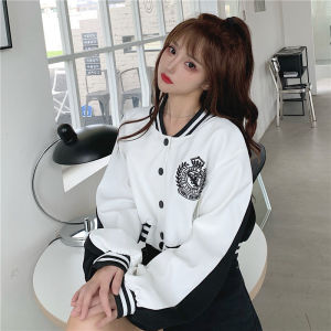 New Autumn Female Western Style Loose Wild Hit Color Letter Embroidery Short Long Sleeve Baseball Uniform Jacket