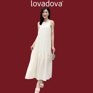 Đầm Maxi Sát Nách Lovadova Dáng Dài Suông Hở Lưng Đan Dây Vải Linen Phối Bèo Đuôi Cá Đi Biển GD0601