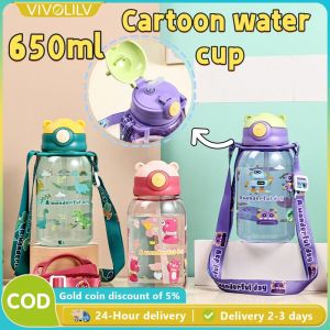VIVOLILV （Delivery 2-3 days） 🔥🔥 650-1300ml cartoon water cup plastic straw cup portable childrens water bottle with strap and small pendant