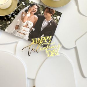 Happy Valentines Day Cake Topper Acrylic Heart Mirror Engraved Cupcake Toppers Valentines Day Theme Party Cake Decoration Supplies