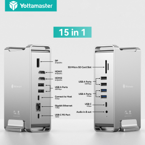 Yottamaster 15 in 1 USB C Hub DisplayLink Docking Station Dual Monitor 4K 60HZ HDMI DisplayPort Compatible with Windows Mac Laptops with Ethernet PD100W 8 USB Ports Audio SD/TF