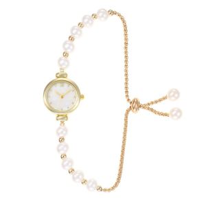 GOXBERK Round Dial Pearl Bracelet Watch Adjustable Drawstring Chain Elegant Small Dial Watch Fashion Minimalist Women Quartz Watch Women