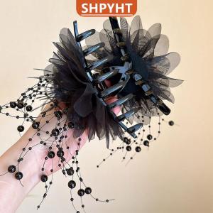 [COD] SHPYHT SPORTS Fashion Black Mesh Flower Hair Clip Women Shark Ponytail Clip Headdress Temperament Flower Hair Claw Headwear
