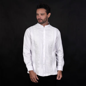 Casella Baju Koko Putih Pria Lengan Panjang Pleats Embroidery