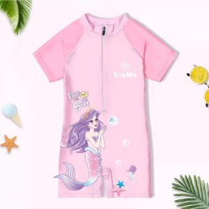 One-piece Rashguard for Girls 3-12Y Cute Pink & Purple Mermaid Design Quick Dry Summer Fashion Swimwear for Kids