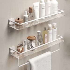 RBJ4 Wall Mounted Clear Bathroom Shelves Stainless Steel Ripple Acrylic Shower Shelf Floating Shelf Rectangular Storage Organizer Rack Bathroom Accessories