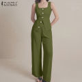 ZANZEA Women Fashion Square Neck Sleeveless Button Up Vests Straight Long Pants Plain Office Two-piece Outfits #0825. 