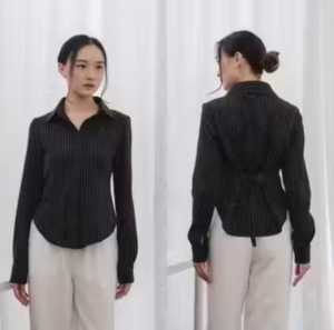 Atasan Stripe Matt Semiwoll Kekinian Wanita Dewasa Kemeja Salur Fitted Body Terbaru
