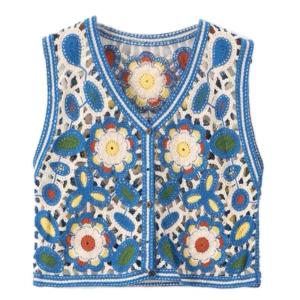 Elegant Hollow Floral Waistcoat Women Buttons Front Camis Tops Crochet Embroidery Sweater Vest for Summer Autumn Daily