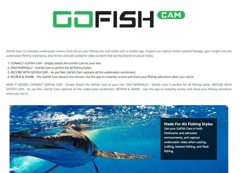 GoFish Cam- Full HD 1080p Wireless Underwater Fishing Camera, Black with  LED, App Compatible with iOS and Android