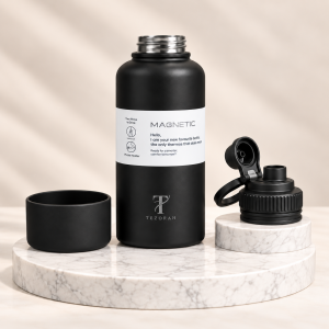 Teazorah 950ml Magnetic insulated water bottle set with loop handle in green black pink blue cream navy.