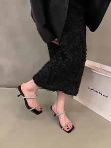 [Free Shipping] Womens high-heeled shoes 2025 summer new style stiletto heel with rhinestones black elegant slip-on sandals for outdoor wear